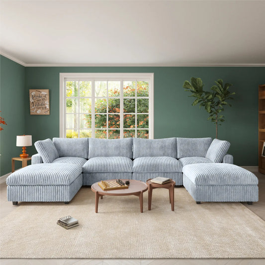 Deluxe Classic Cloud Sectional Sofas | Light Grey Plush Fabric U shaped Sectionals 4-seaters