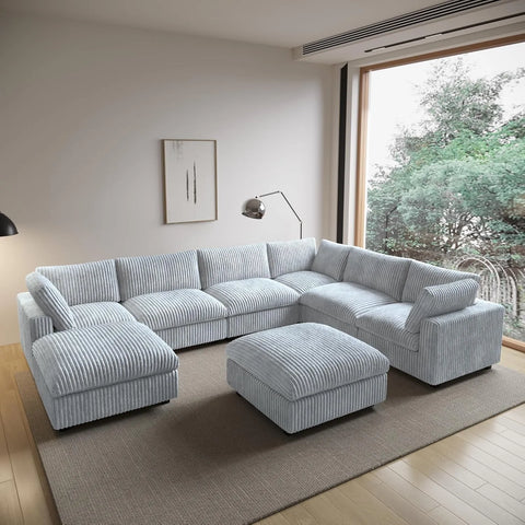 Deluxe Cloud 6-Seater Light-Grey Washable Sofa Set | 8-Piece (includes 2 Ottomans), Plush Fabric, Modular Design