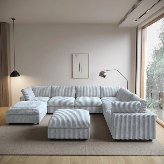 Deluxe Classic Cloud Sectional Sofas | Light Grey Plush Fabric U shaped Sectionals 6-seaters