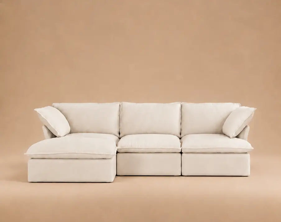 Deluxe Cloud 3-Seater Beige Storage L-Shaped Sectional | 4-Piece (includes 1 Ottoman), Linen and Cotton Fabric, Washable Covers