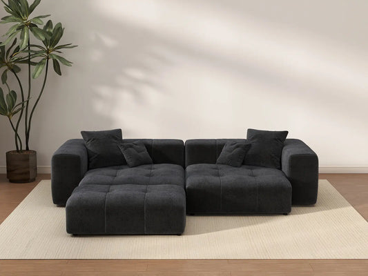 Matrix 2-Seater Black Chaise Sectional | 3-Piece (Includes 1 Ottoman), Linen Fabric, Lounge Room Seating