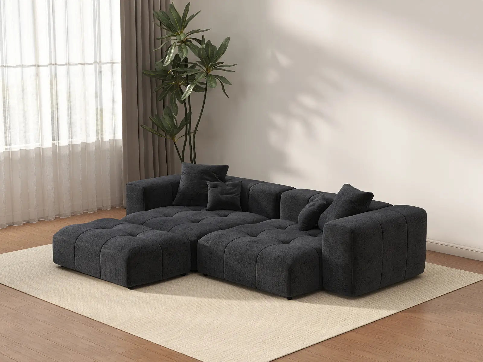 Matrix 2-Seater Black Chaise Sectional | 3-Piece (Includes 1 Ottoman), Linen Fabric, Lounge Room Seating