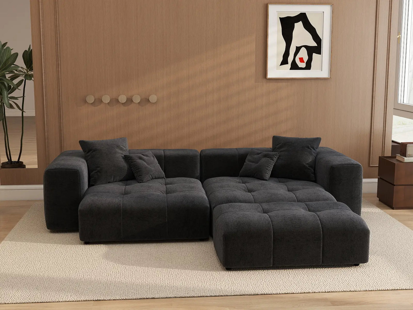Matrix 2-Seater Black Chaise Sectional | 3-Piece (Includes 1 Ottoman), Linen Fabric, Lounge Room Seating