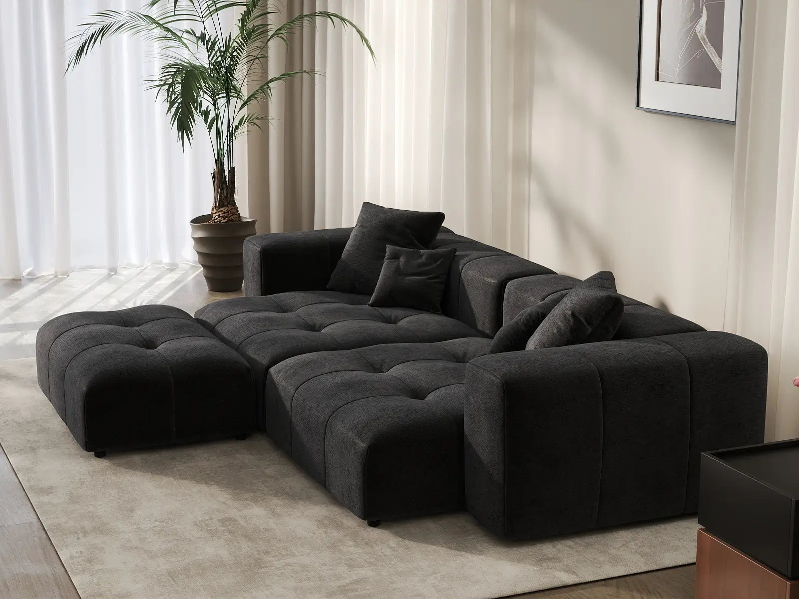 Matrix 2-Seater Black Chaise Sectional | 3-Piece (Includes 1 Ottoman), Linen Fabric, Lounge Room Seating