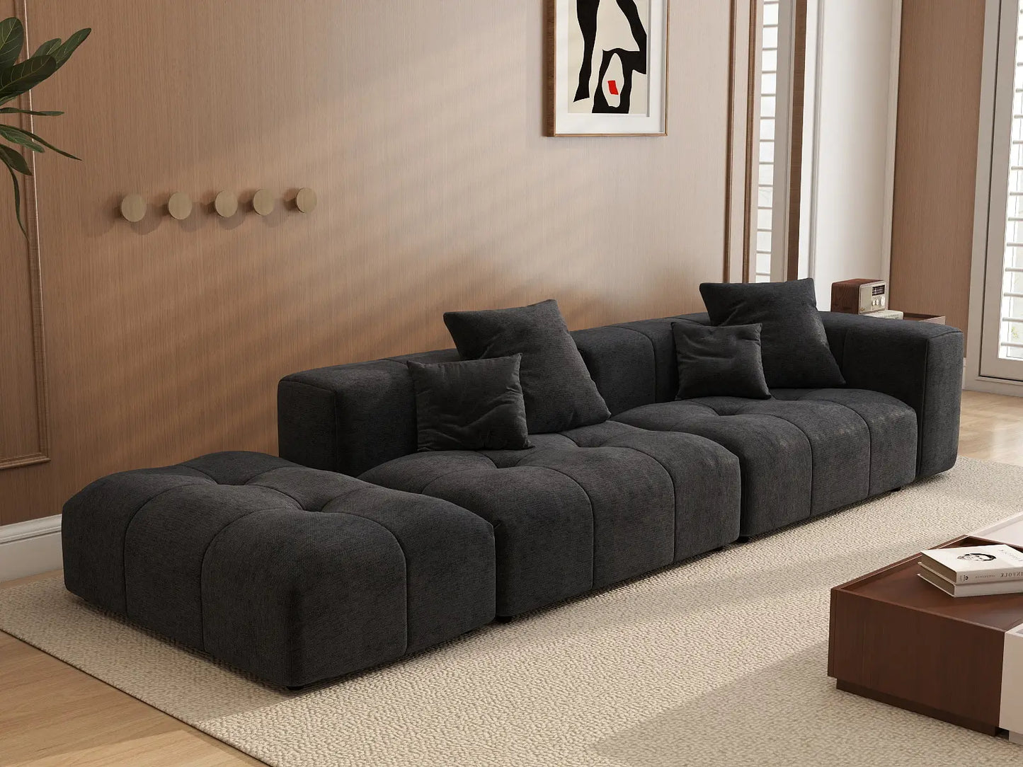 Sofá seccional Matrix de lino negro de 2 plazas con chaise longue | 3 piezas (incluye 1 otomana), diseño modular