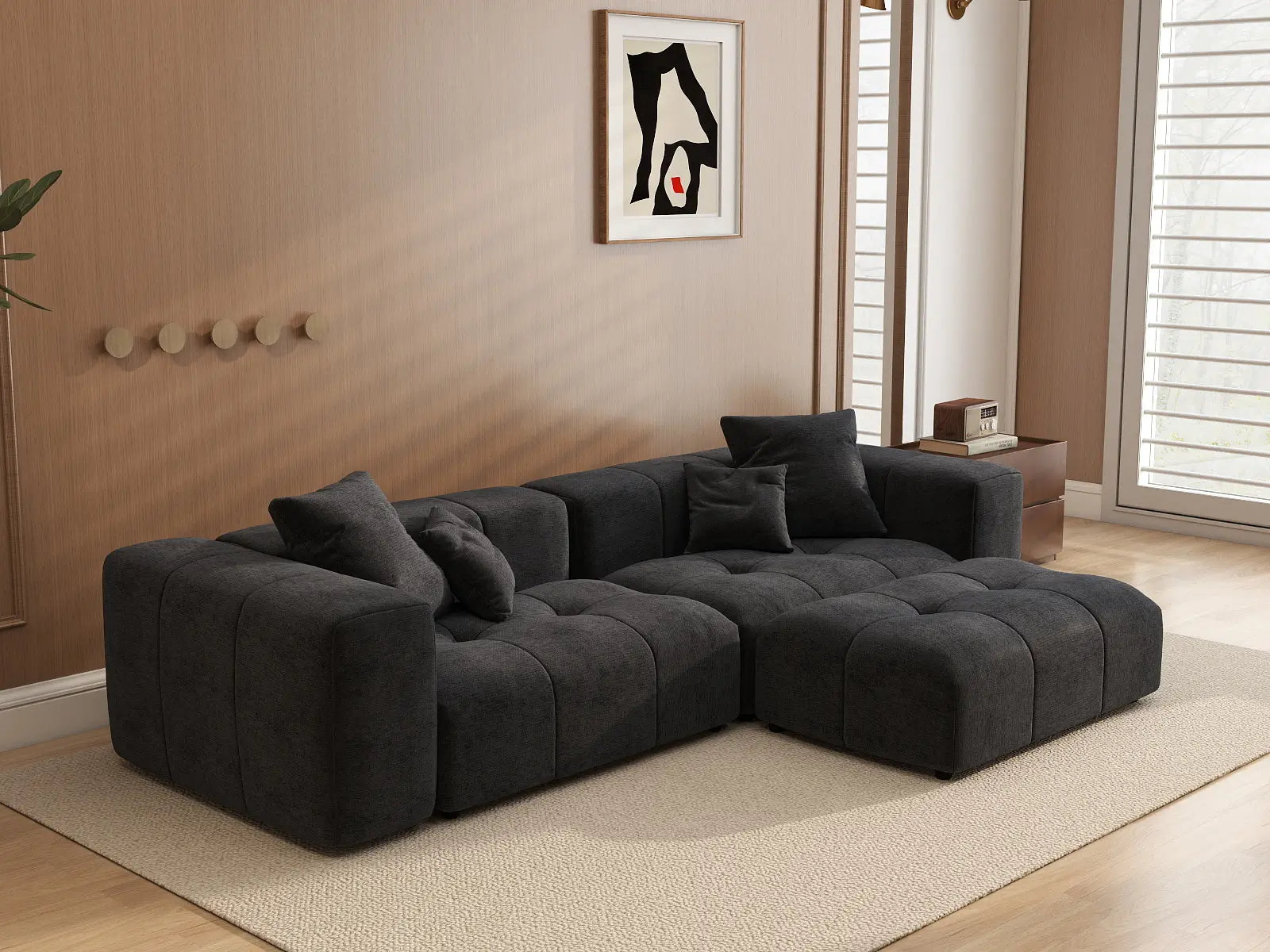 Seccional de chaise Matrix de lino negro de 2 plazas | 3 piezas (incluye 1 otomana), espacio pequeño