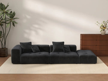 Matrix 2-Seater Black Linen Chaise Sectional | 3-Piece (Includes 1 Ottoman), Modular Design