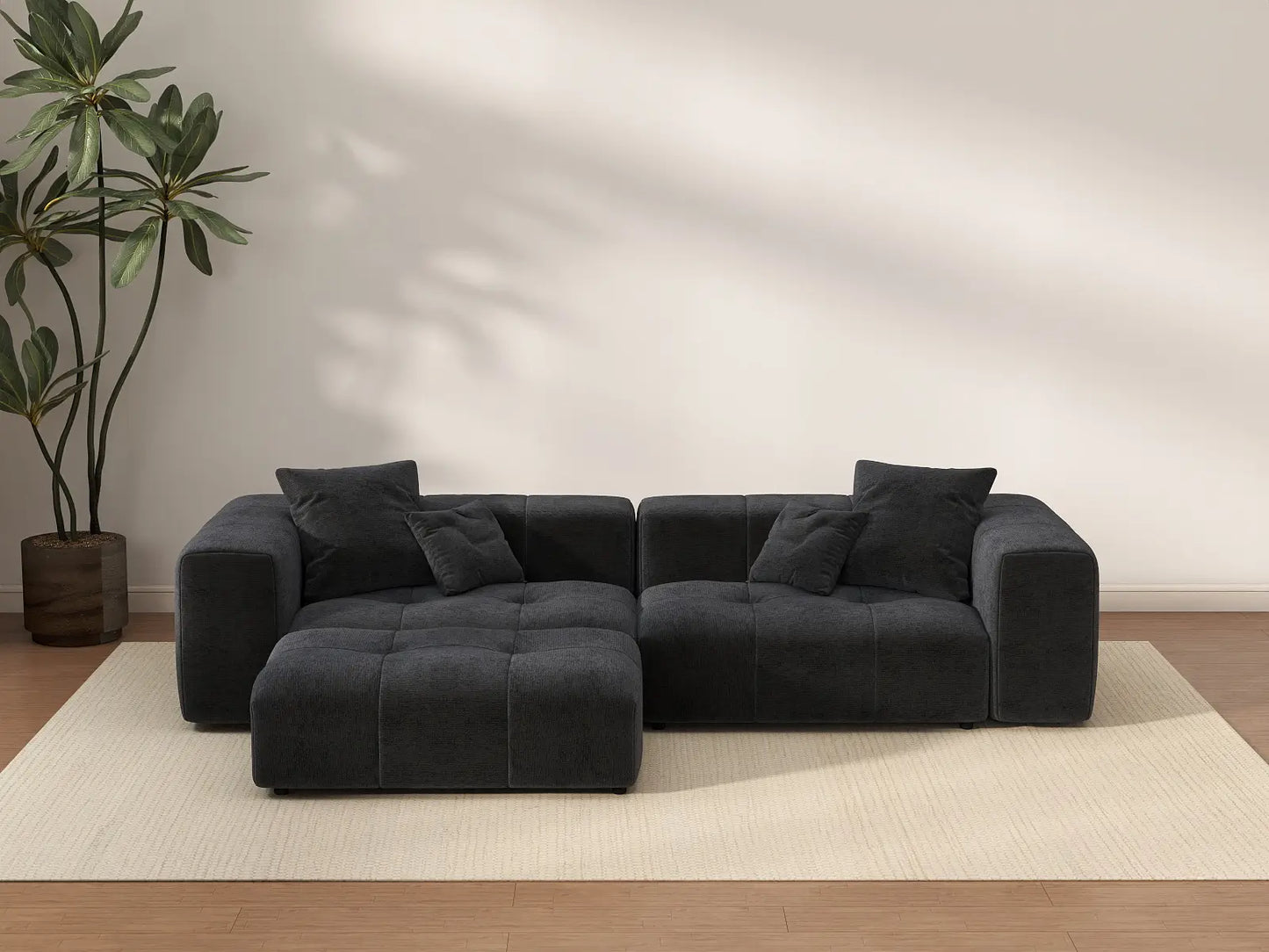 Seccional de chaise Matrix de lino negro de 2 plazas | 3 piezas (incluye 1 otomana), espacio pequeño