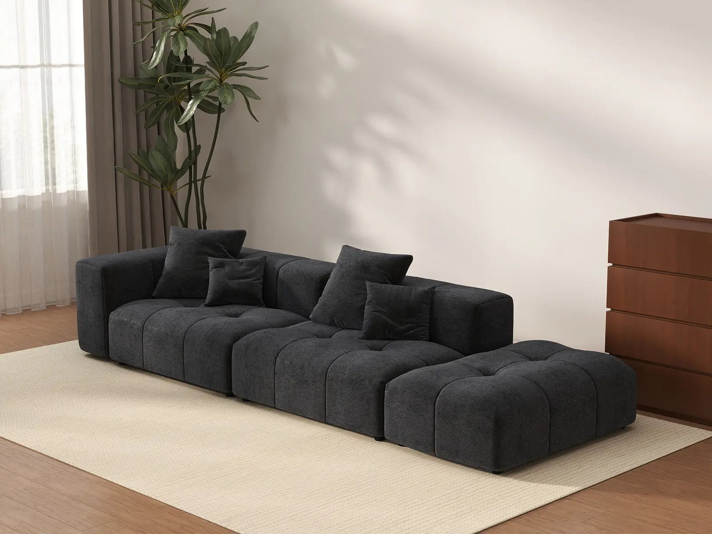 Sofá seccional Matrix de lino negro de 2 plazas con chaise longue | 3 piezas (incluye 1 otomana), diseño modular