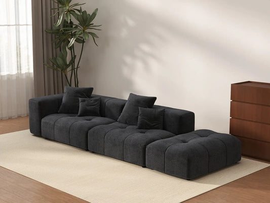 Matrix 2-Seater Black Linen Chaise Sectional | 3-Piece (Includes 1 Ottoman), Modular Design