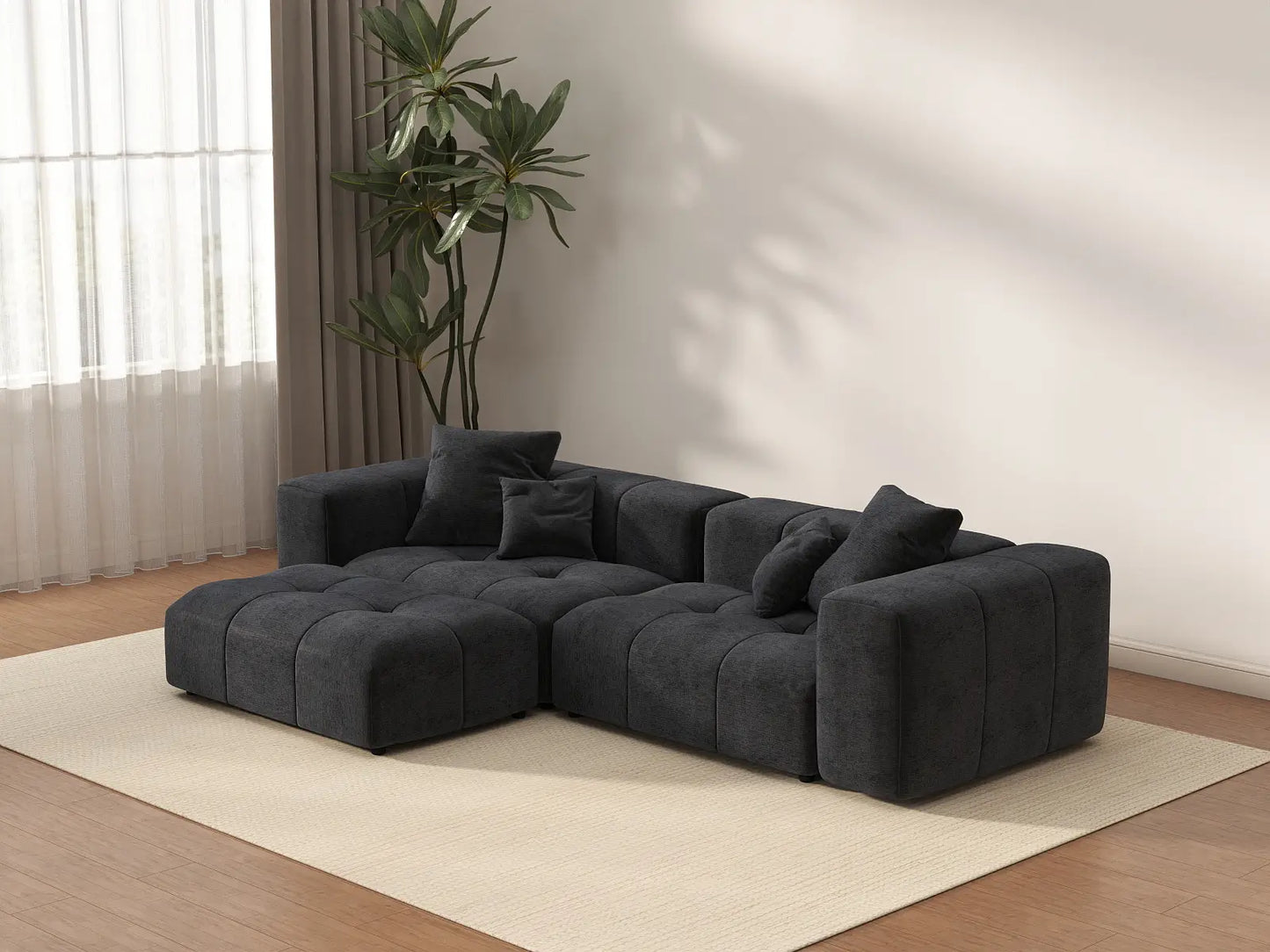 Seccional de chaise Matrix de lino negro de 2 plazas | 3 piezas (incluye 1 otomana), espacio pequeño
