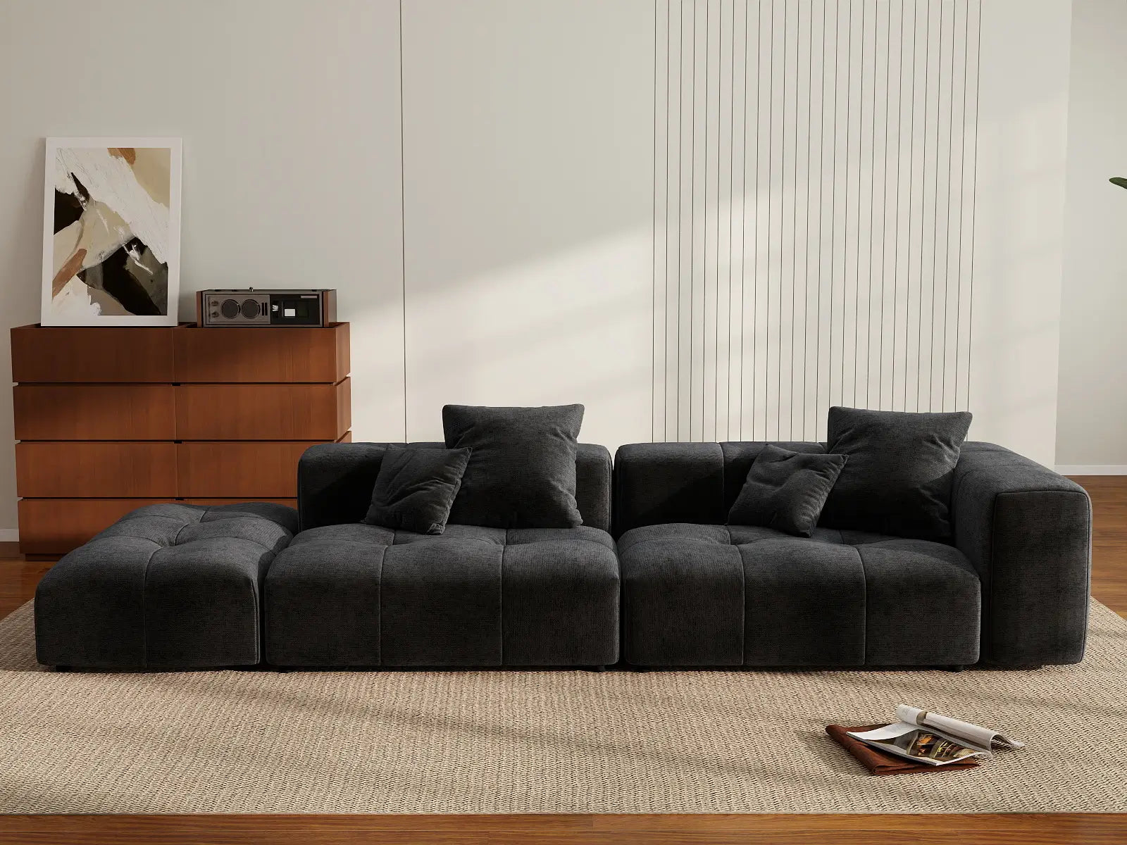Sofá seccional Matrix de lino negro de 2 plazas con chaise longue | 3 piezas (incluye 1 otomana), diseño modular