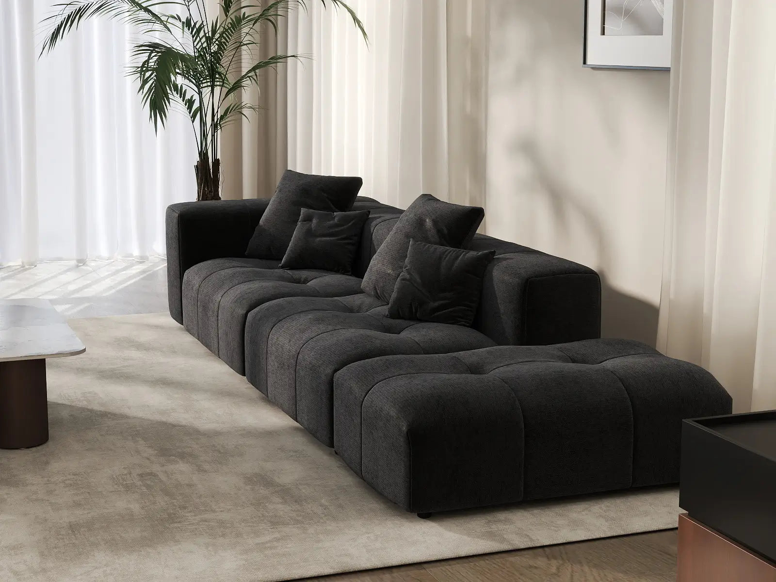 Sofá seccional Matrix de lino negro de 2 plazas con chaise longue | 3 piezas (incluye 1 otomana), diseño modular