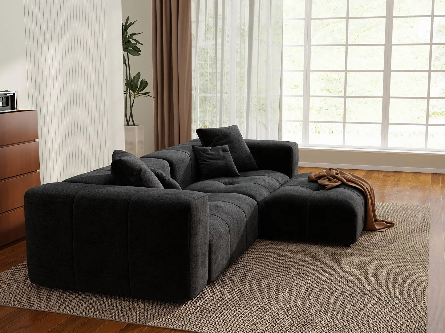 Seccional de chaise Matrix de lino negro de 2 plazas | 3 piezas (incluye 1 otomana), espacio pequeño
