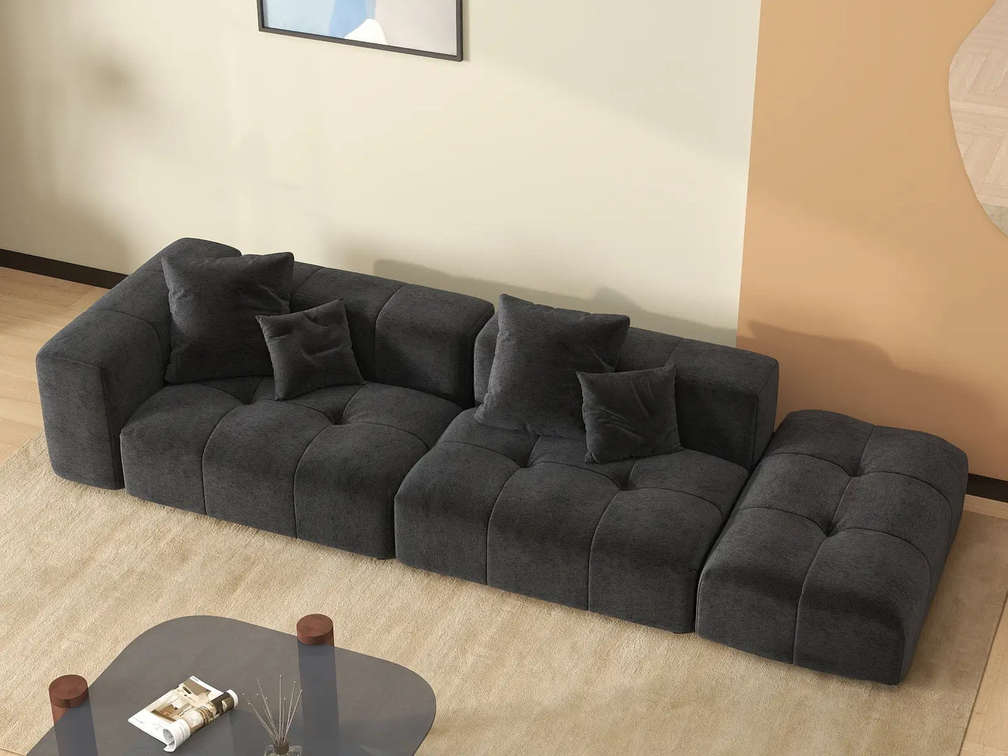Sofá seccional Matrix de lino negro de 2 plazas con chaise longue | 3 piezas (incluye 1 otomana), diseño modular