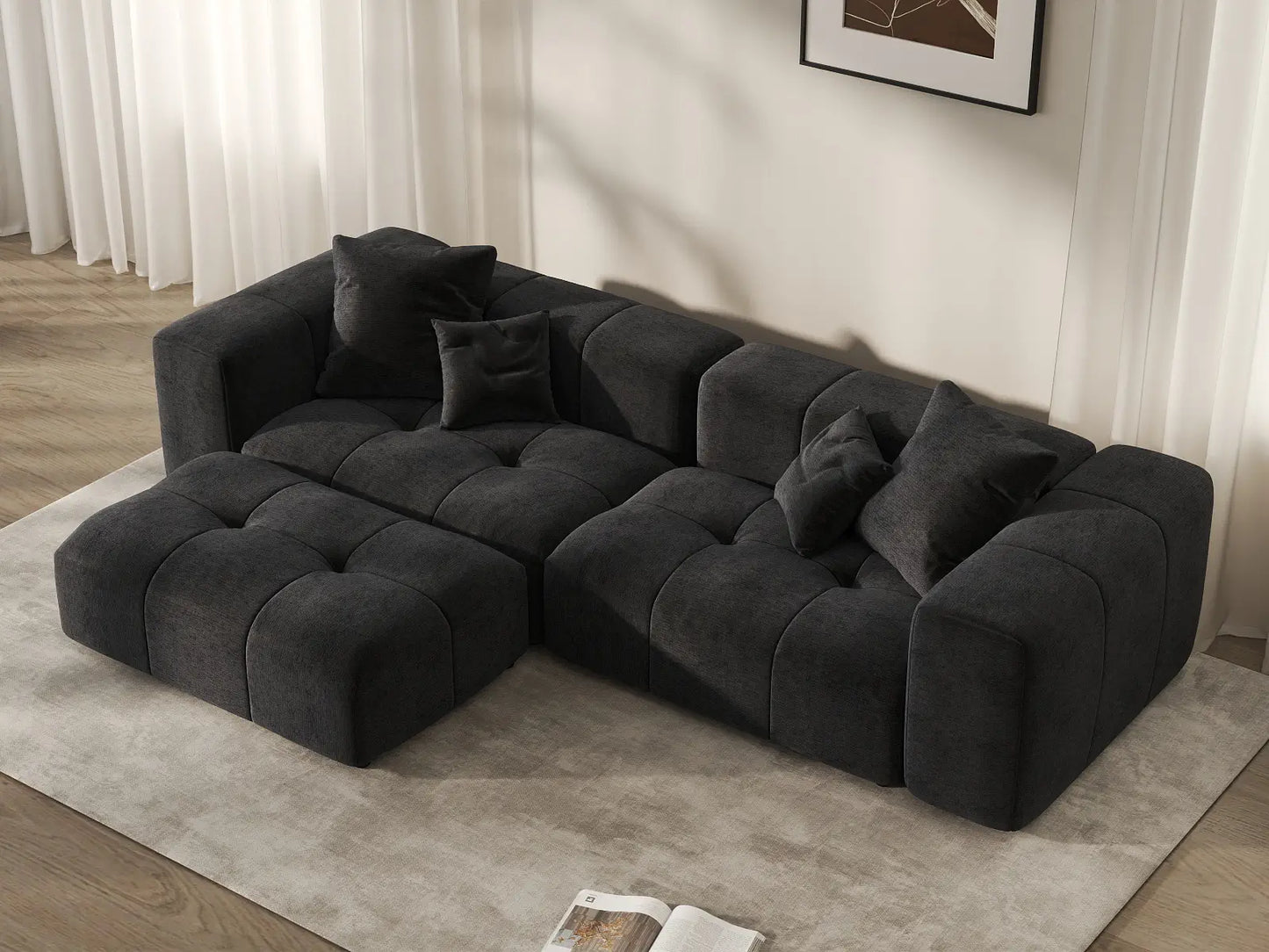 Seccional de chaise Matrix de lino negro de 2 plazas | 3 piezas (incluye 1 otomana), espacio pequeño