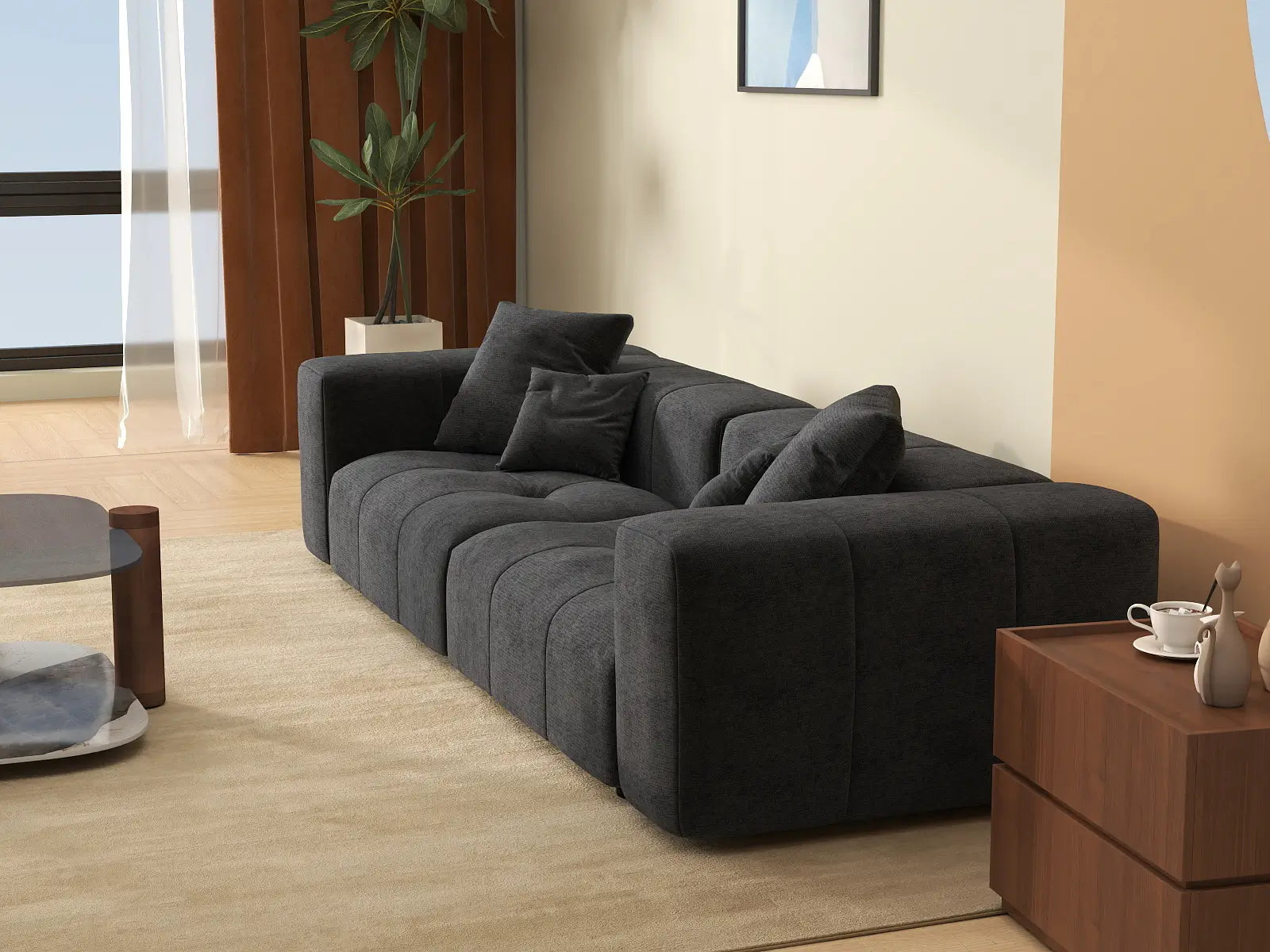 Matrix 2-Seater Black Linen Loveseat | 2-Piece, Stylish Design