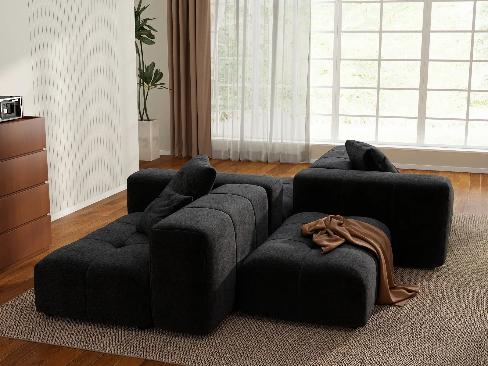 Matrix 2-Seater Black Linen Symmetrical Sectional | 4-Piece (Includes 2 Ottomans), Modern Style