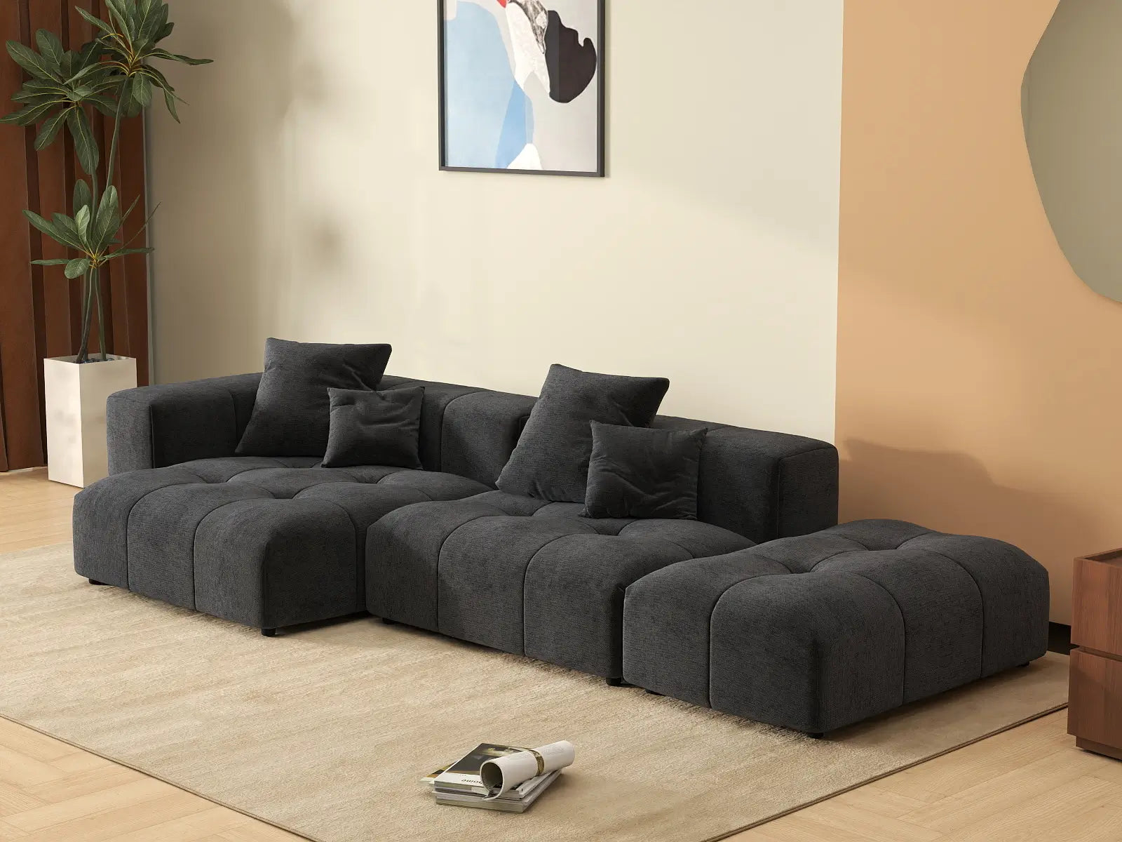 Sofá seccional Matrix de 2 plazas con chaise longue en lino negro | 3 piezas (incluye 1 otomana), Asientos para salón, Diseño modular