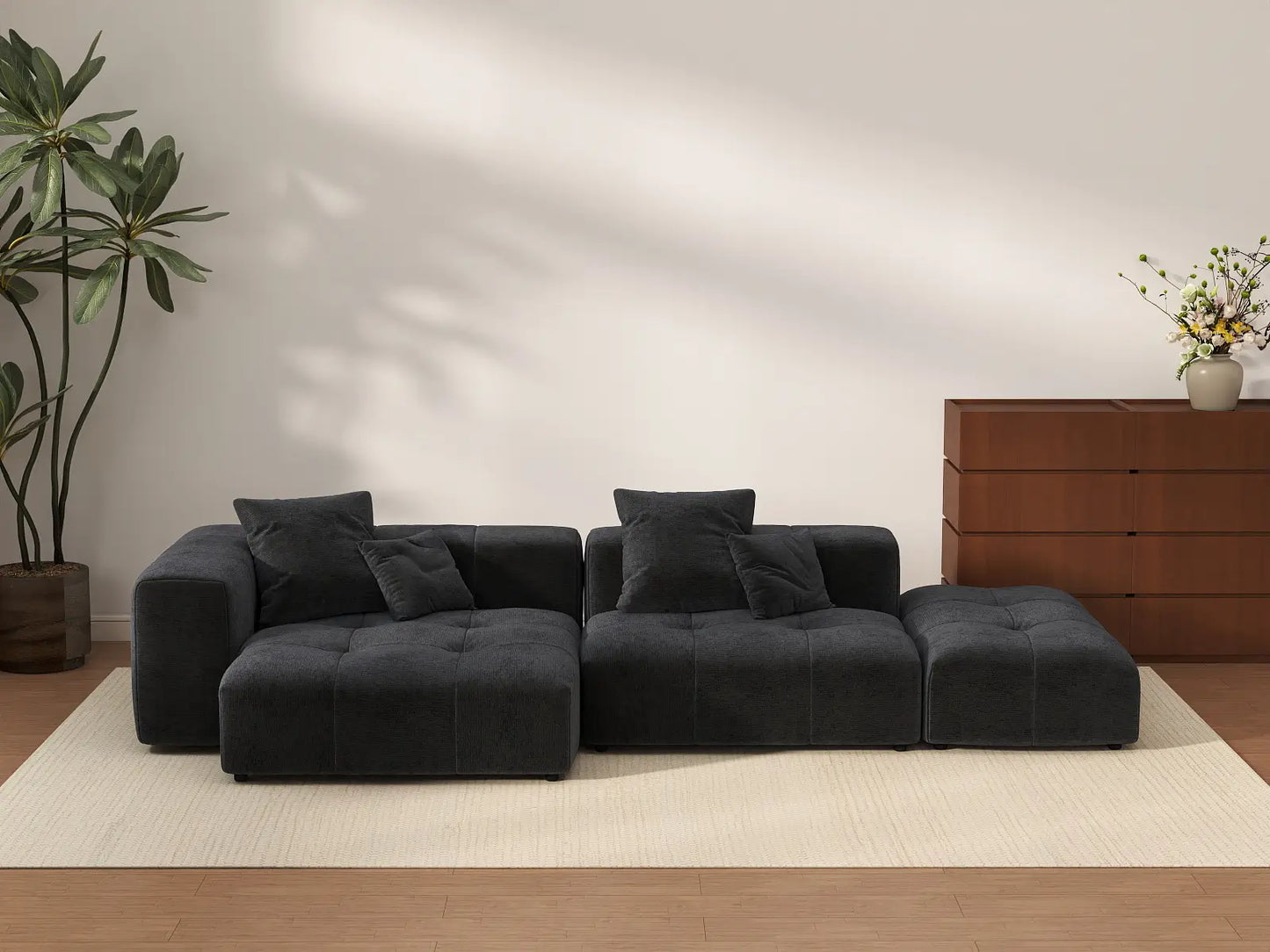 Sofá seccional Matrix de 2 plazas con chaise longue en lino negro | 3 piezas (incluye 1 otomana), Asientos para salón, Diseño modular