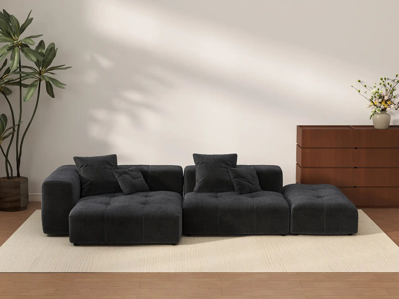 Sofá seccional Matrix de 2 plazas con chaise longue en lino negro | 3 piezas (incluye 1 otomana), Asientos para salón, Diseño modular