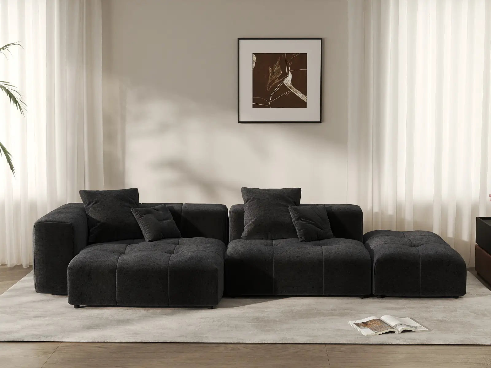 Sofá seccional Matrix de 2 plazas con chaise longue en lino negro | 3 piezas (incluye 1 otomana), Asientos para salón, Diseño modular