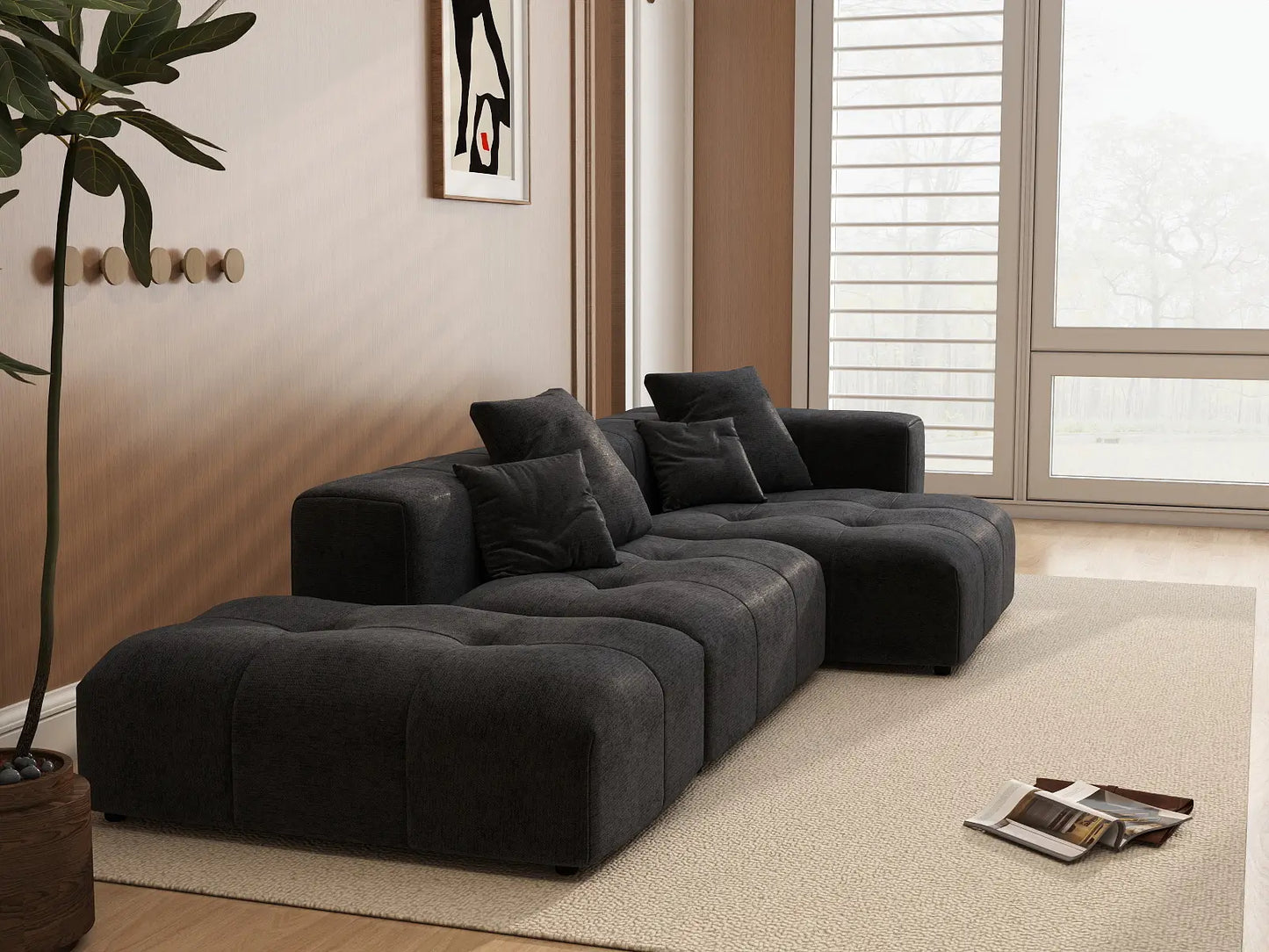Sofá seccional Matrix de 2 plazas con chaise longue en lino negro | 3 piezas (incluye 1 otomana), Asientos para salón, Diseño modular
