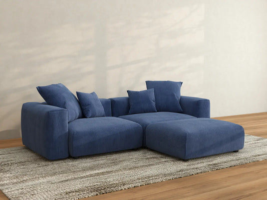 Matrix 2-Seater Chaise Sectional in Blue Corduroy | 3-Piece (Includes 1 Ottoman), Lounge Room Seating, Easy To Clean, Contemporary Style