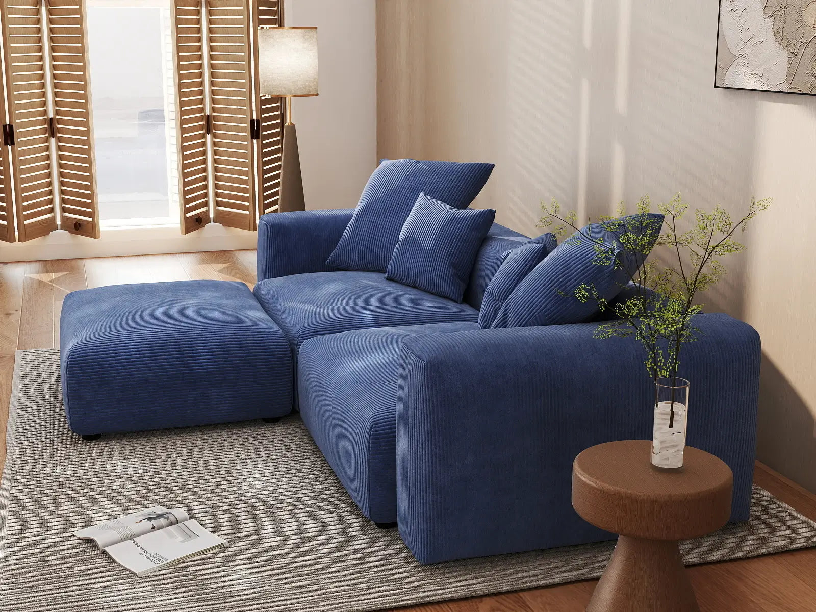Matrix 2-Seater Chaise Sectional in Blue Corduroy | 3-Piece (Includes 1 Ottoman), Lounge Room Seating, Easy To Clean, Contemporary Style