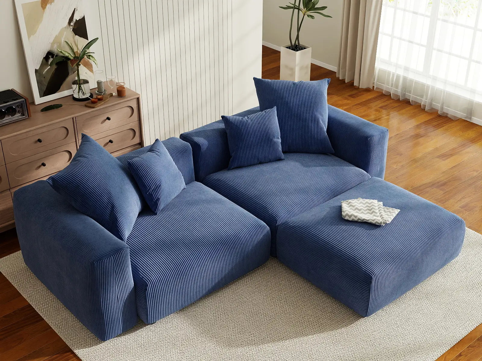 Matrix 2-Seater Chaise Sectional in Blue Corduroy | 3-Piece (Includes 1 Ottoman), Lounge Room Seating, Easy To Clean, Contemporary Style