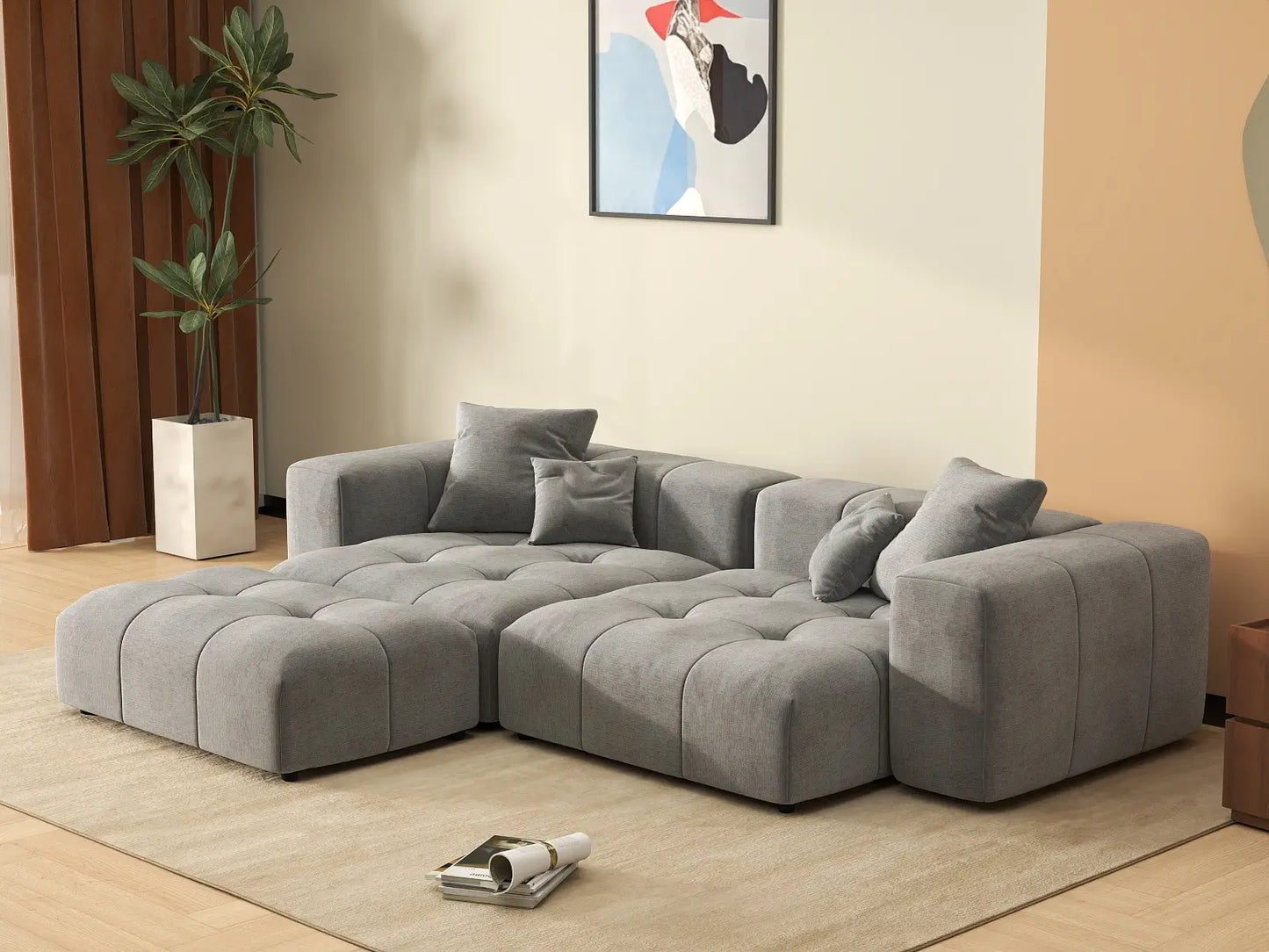 Matrix 2-Seater Chaise Sectional in Light-Grey Linen | 3-Piece (Includes 1 Ottoman), Lounge Room Seating, Modern Style