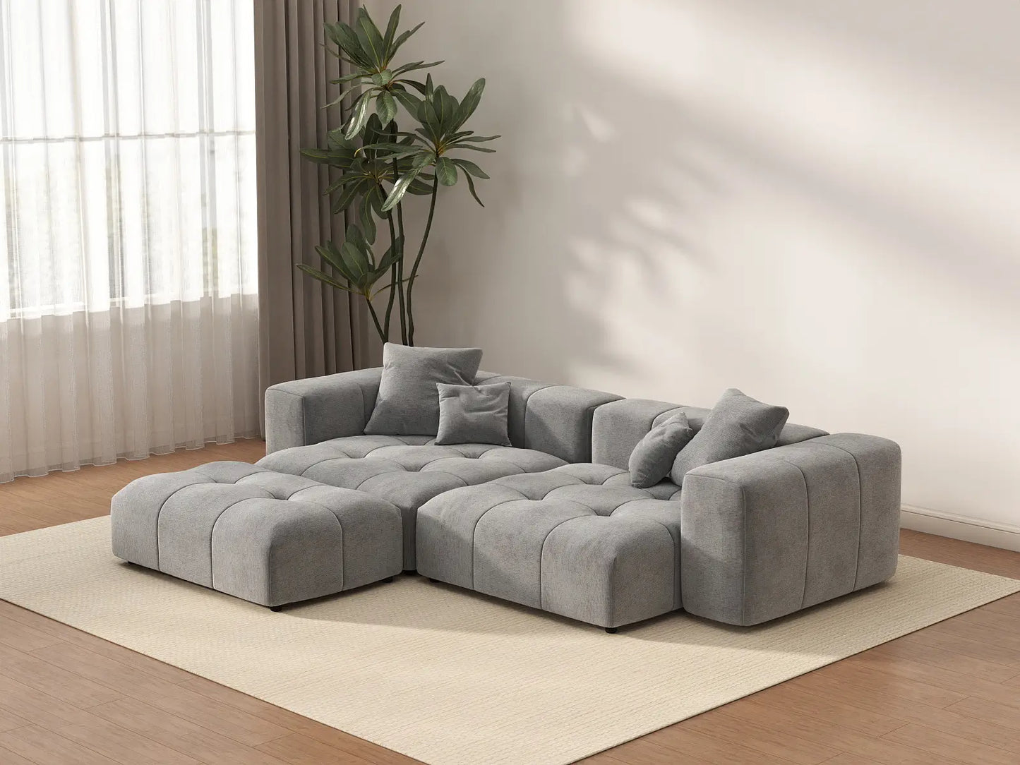 Matrix 2-Seater Chaise Sectional in Light-Grey Linen | 3-Piece (Includes 1 Ottoman), Lounge Room Seating, Modern Style