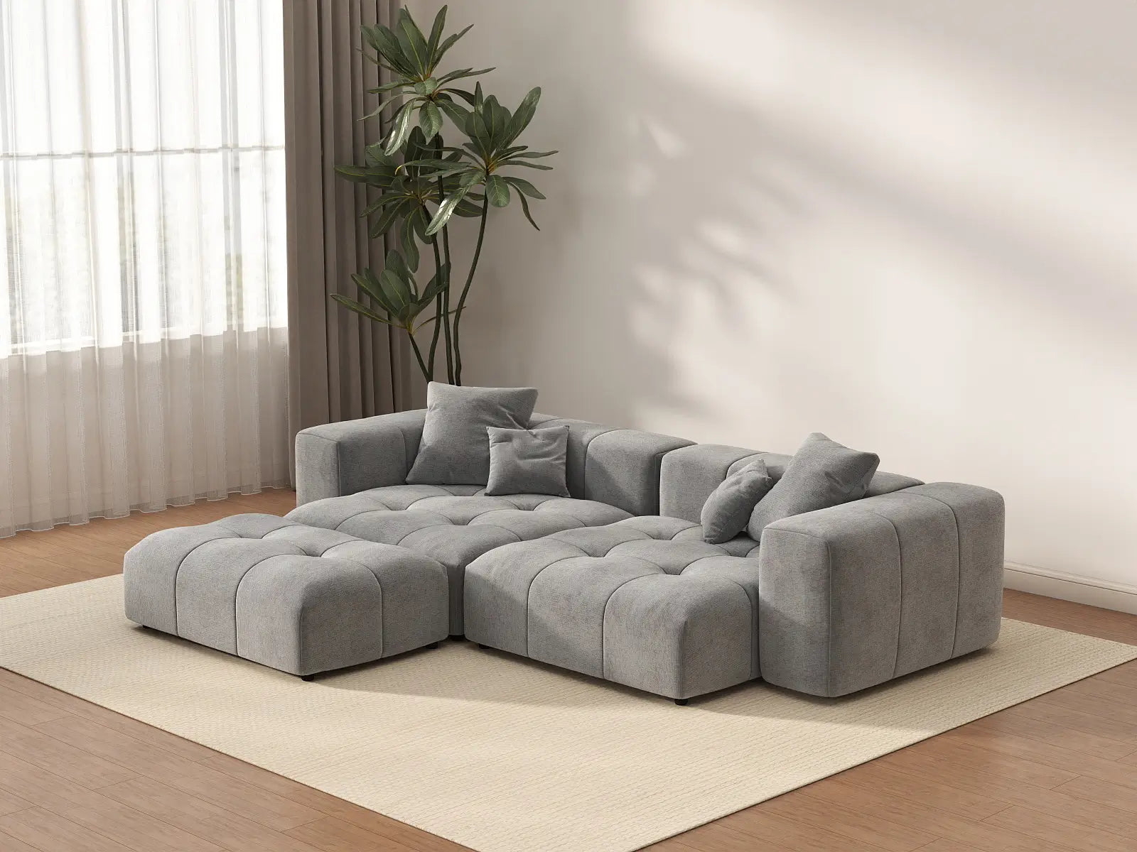 Matrix 2-Seater Chaise Sectional in Light-Grey Linen | 3-Piece (Includes 1 Ottoman), Lounge Room Seating, Modern Style