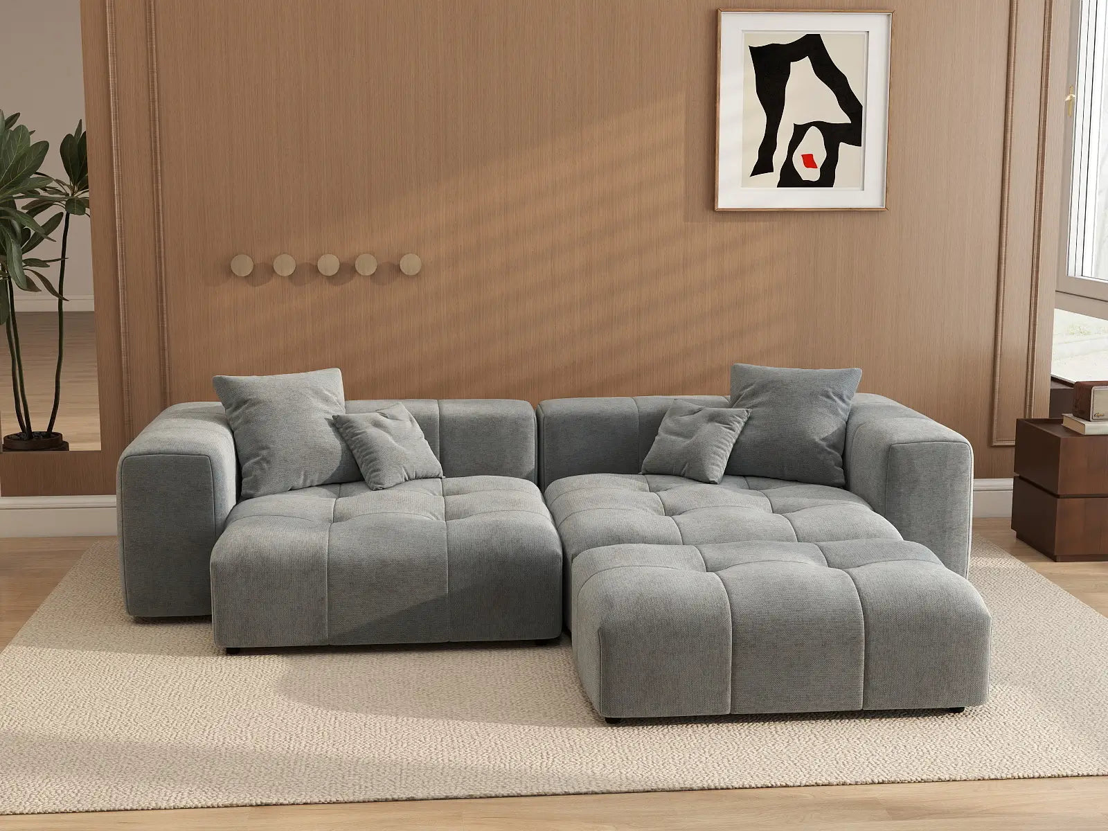 Matrix 2-Seater Chaise Sectional in Light-Grey Linen | 3-Piece (Includes 1 Ottoman), Lounge Room Seating, Modern Style