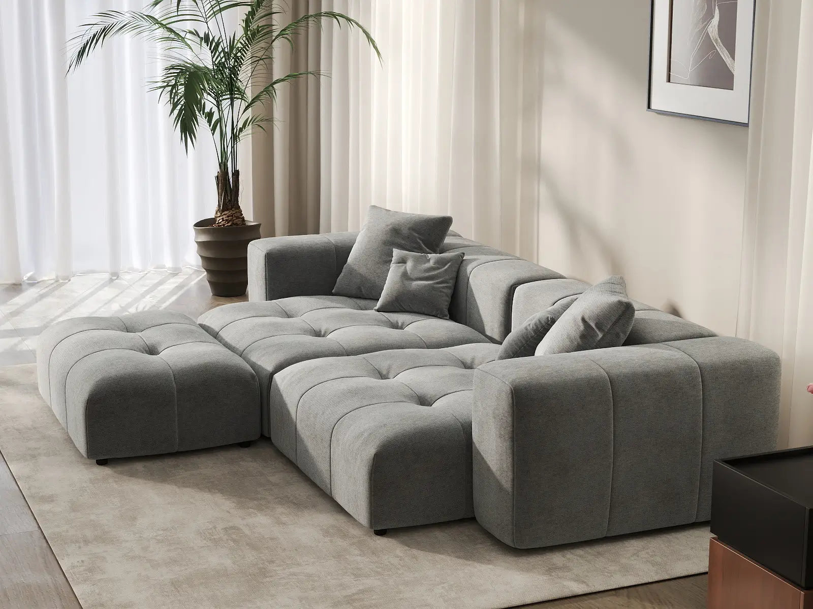Matrix 2-Seater Chaise Sectional in Light-Grey Linen | 3-Piece (Includes 1 Ottoman), Lounge Room Seating, Modern Style