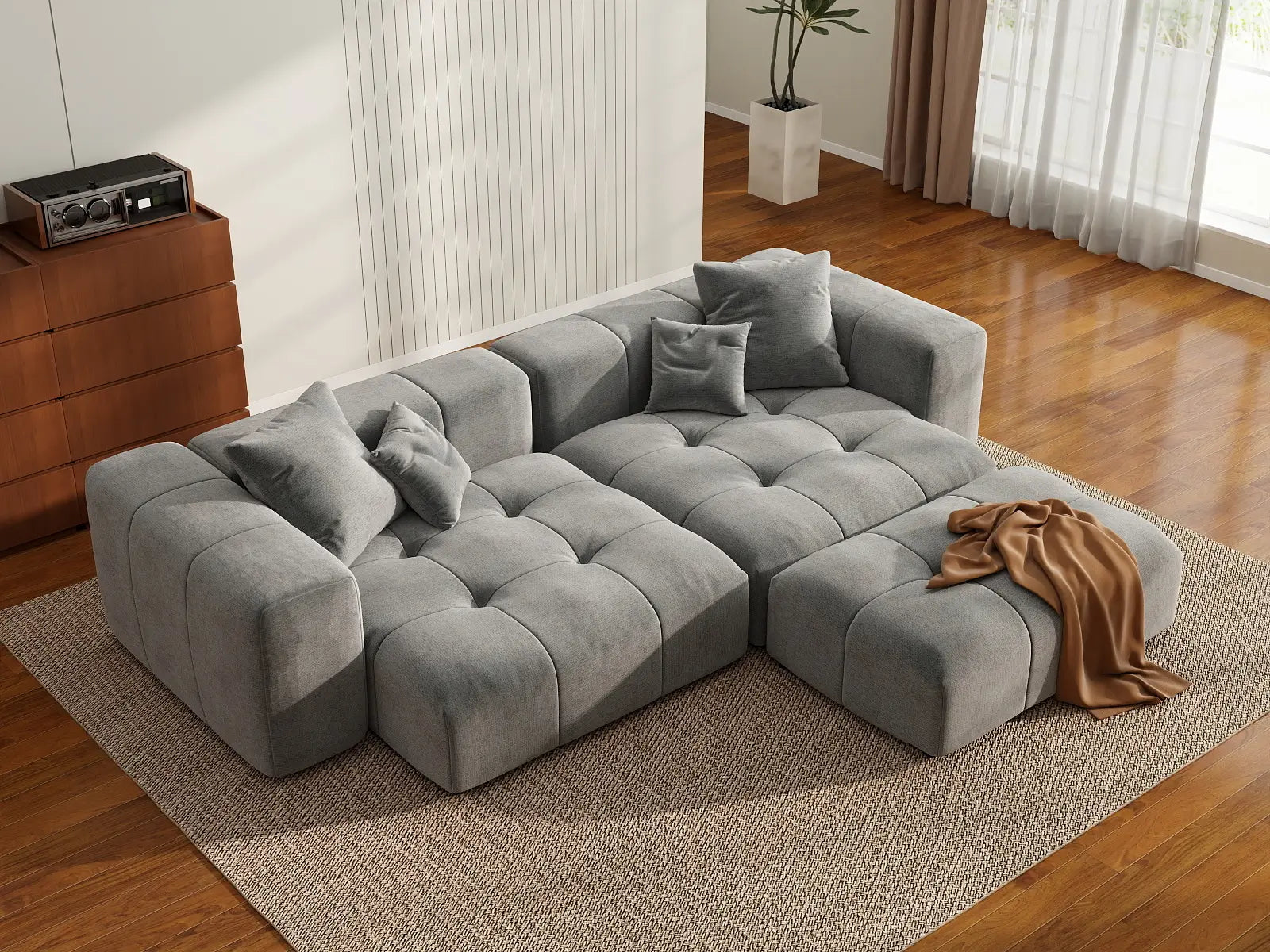 Matrix 2-Seater Chaise Sectional in Light-Grey Linen | 3-Piece (Includes 1 Ottoman), Lounge Room Seating, Modern Style