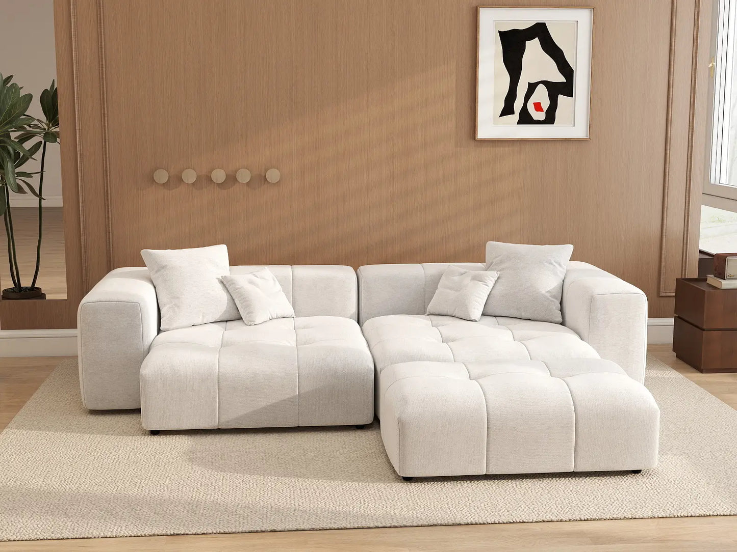 Matrix 2-Seater Chaise Sectional in White Linen | 3-Piece (Includes 1 Ottoman), Lounge Room Seating, Stylish Design