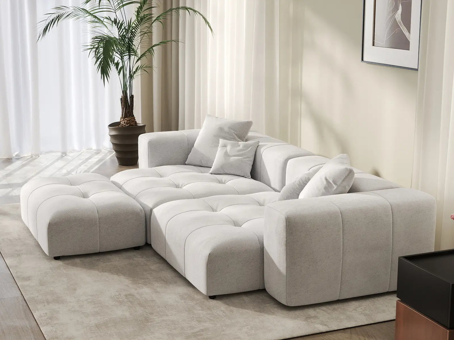 Matrix 2-Seater Chaise Sectional in White Linen | 3-Piece (Includes 1 Ottoman), Lounge Room Seating, Stylish Design