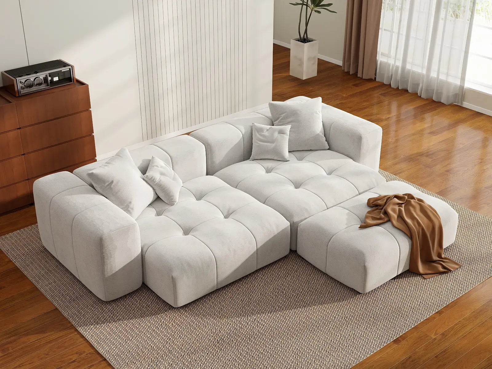 Matrix 2-Seater Chaise Sectional in White Linen | 3-Piece (Includes 1 Ottoman), Lounge Room Seating, Stylish Design