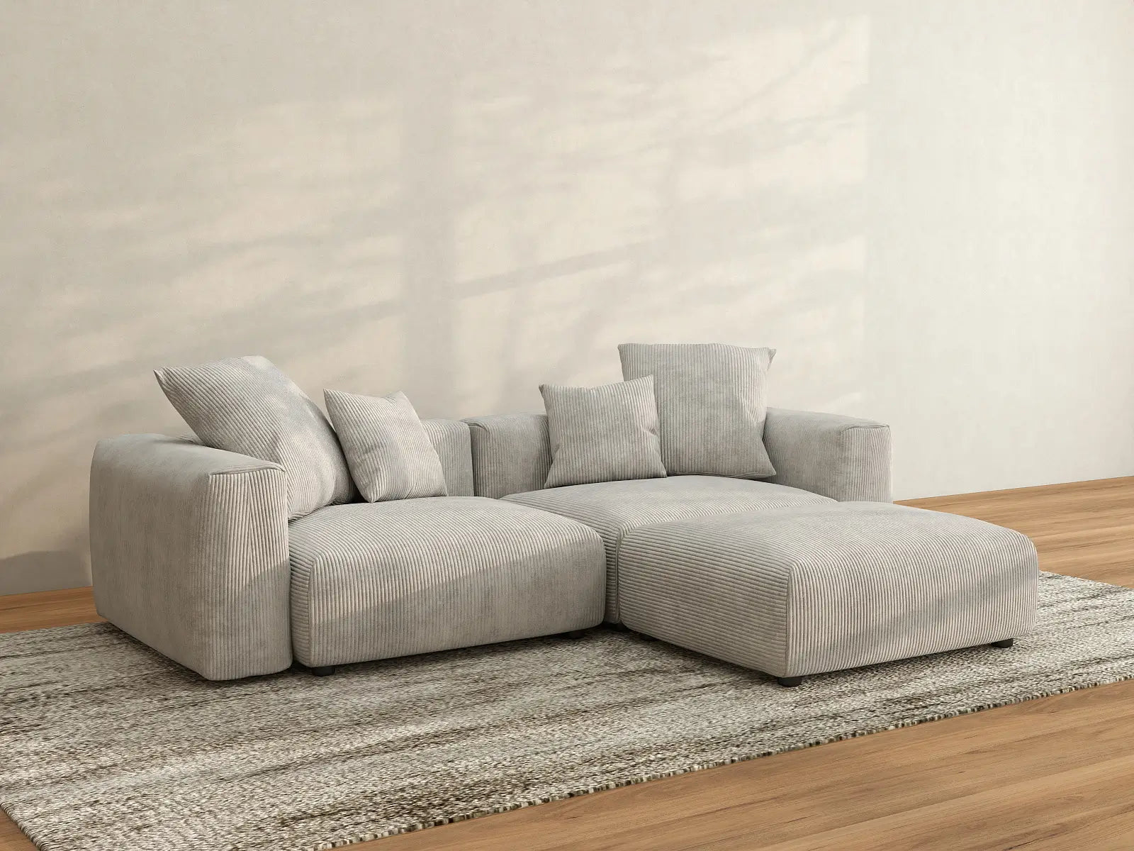 Matrix 2-Seater Grey Chaise Sectional | 3-Piece (Includes 1 Ottoman), Corduroy Fabric, Lounge Room Seating, Washable Cushion Covers