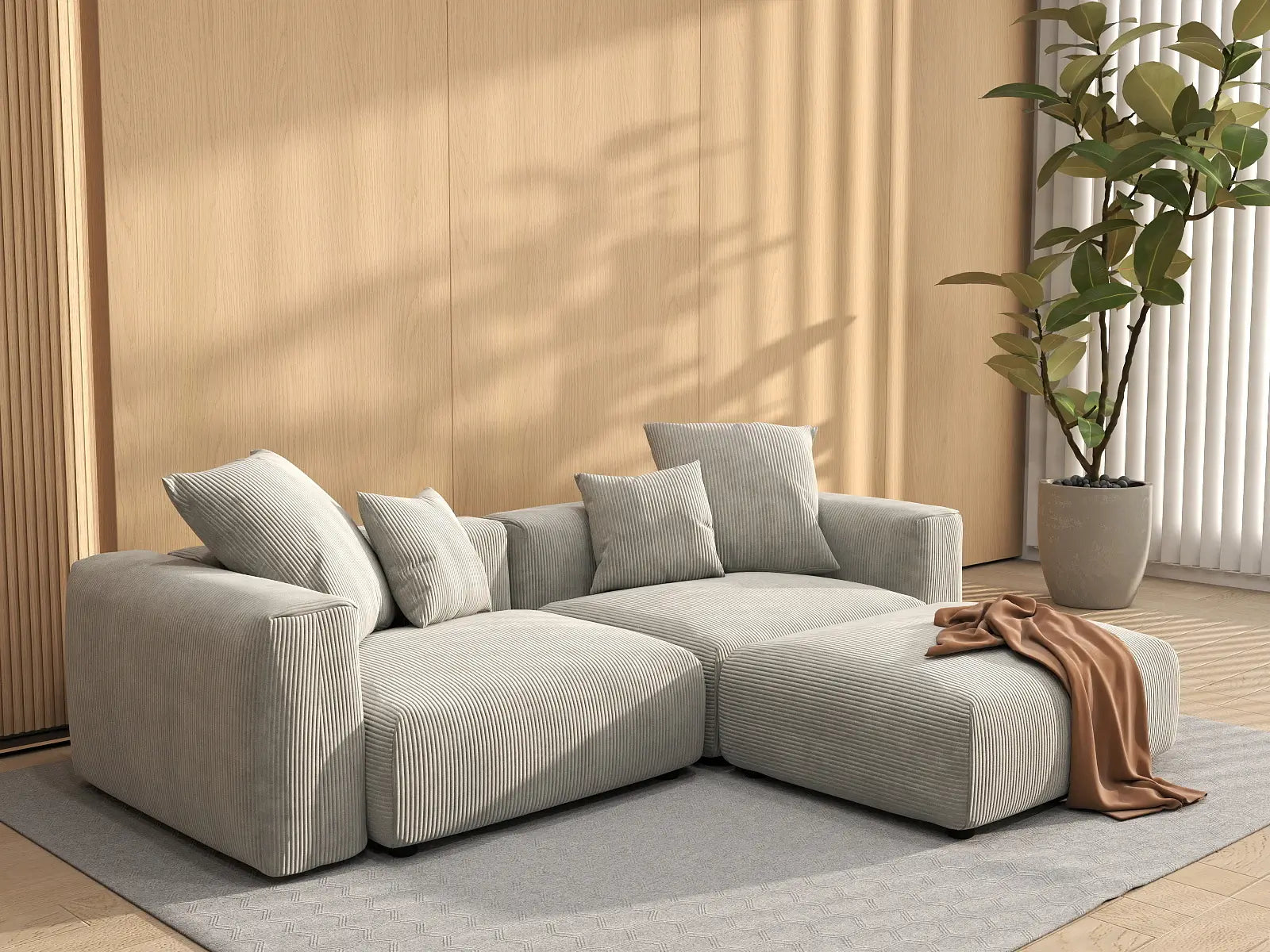 Matrix 2-Seater Grey Chaise Sectional | 3-Piece (Includes 1 Ottoman), Corduroy Fabric, Lounge Room Seating, Washable Cushion Covers