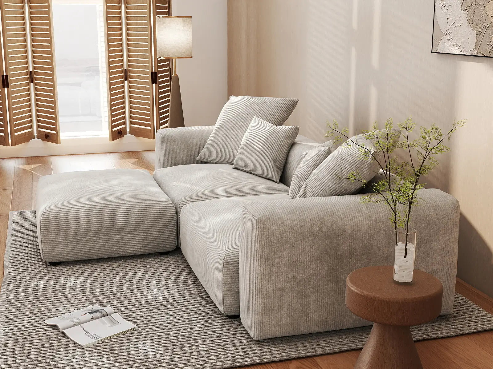 Matrix 2-Seater Grey Chaise Sectional | 3-Piece (Includes 1 Ottoman), Corduroy Fabric, Lounge Room Seating, Washable Cushion Covers