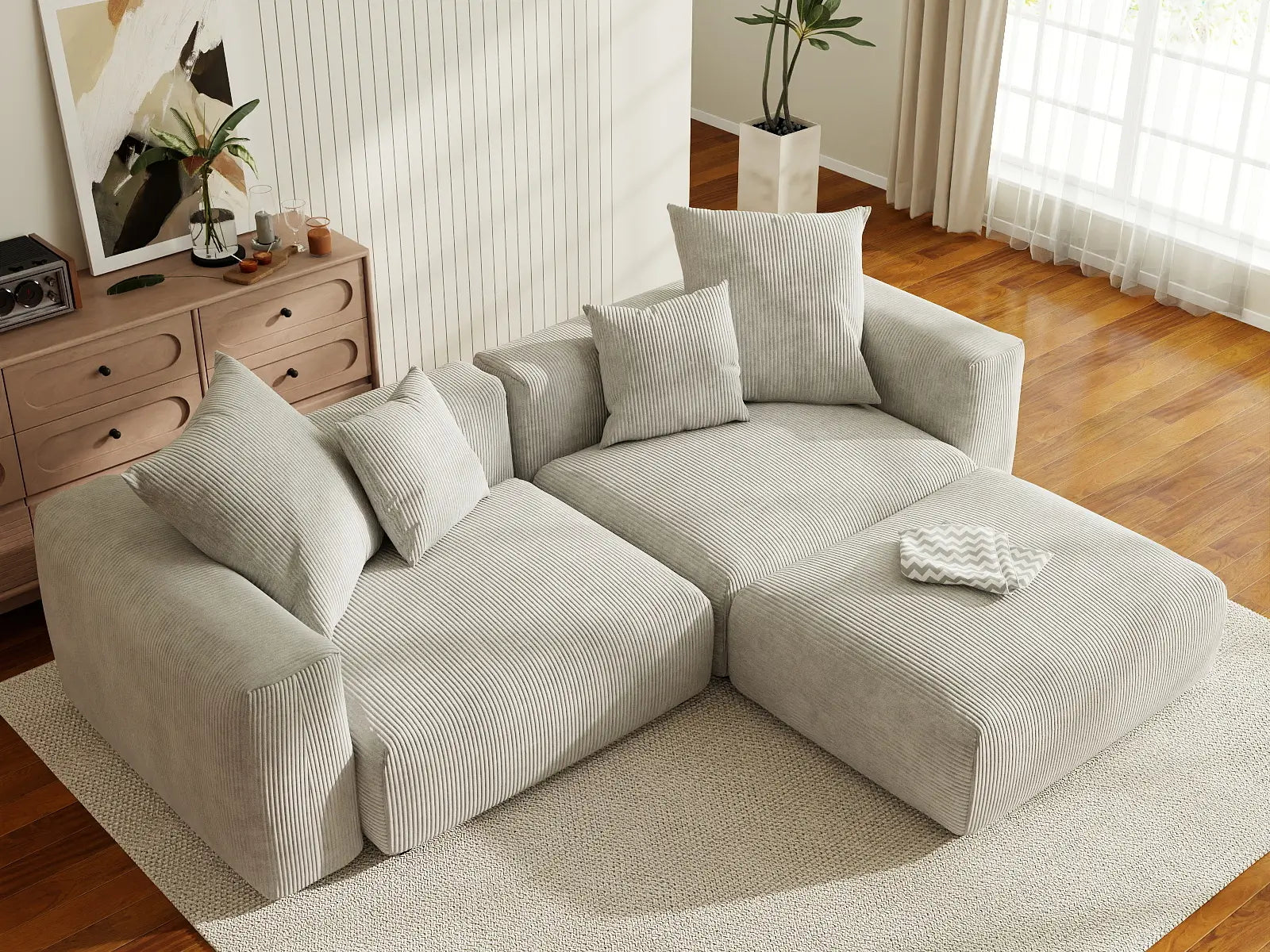 Matrix 2-Seater Grey Chaise Sectional | 3-Piece (Includes 1 Ottoman), Corduroy Fabric, Lounge Room Seating, Washable Cushion Covers