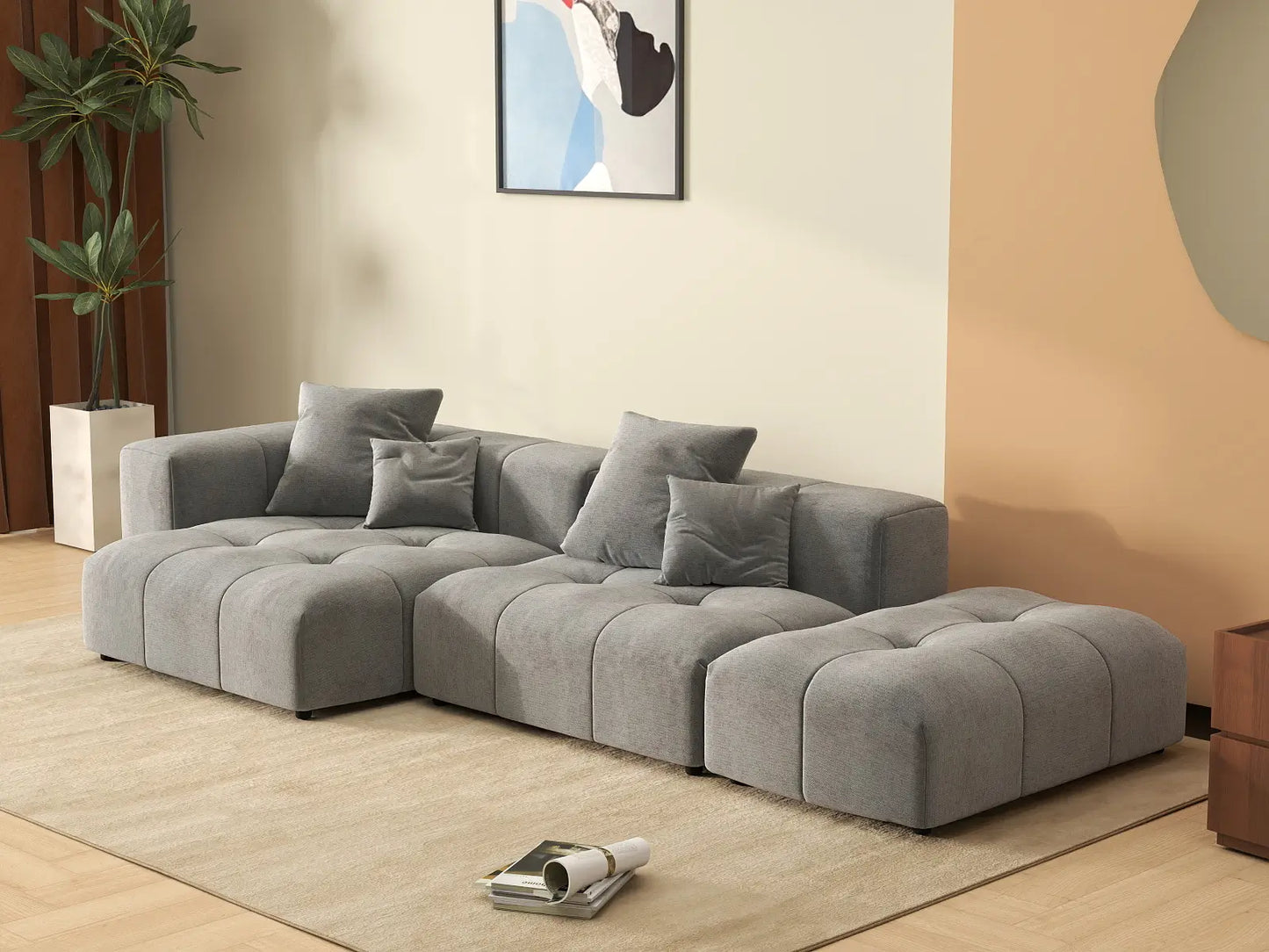Seccional Matrix de 2 plazas con chaise longue gris claro | 3 piezas (incluye 1 otomana), tejido de lino, asientos para sala de estar