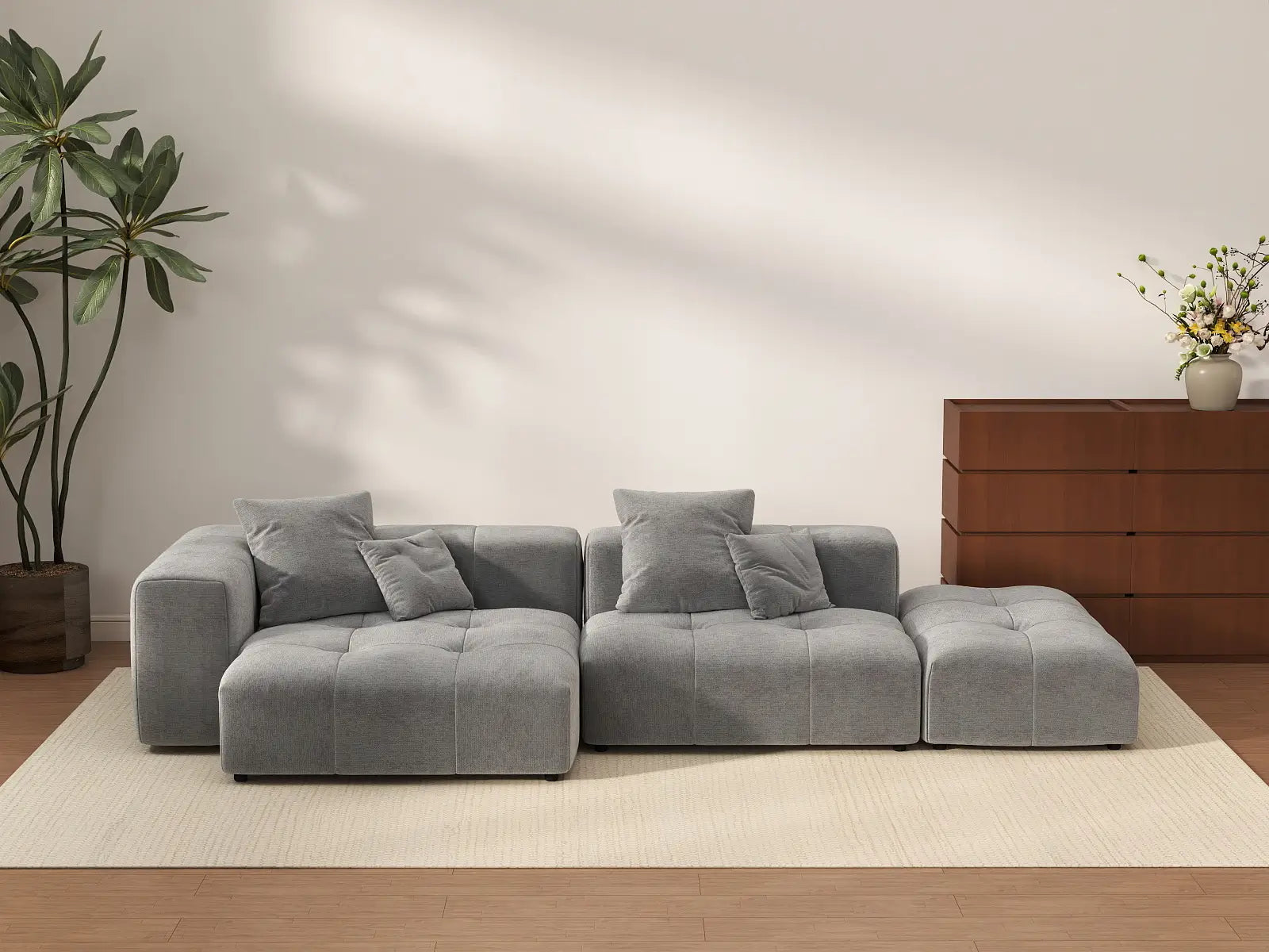 Seccional Matrix de 2 plazas con chaise longue gris claro | 3 piezas (incluye 1 otomana), tejido de lino, asientos para sala de estar