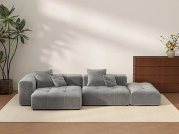 Seccional Matrix de 2 plazas con chaise longue gris claro | 3 piezas (incluye 1 otomana), tejido de lino, asientos para sala de estar