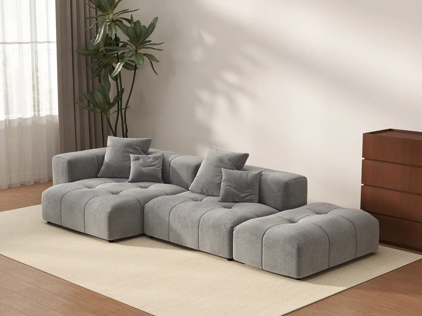Seccional Matrix de 2 plazas con chaise longue gris claro | 3 piezas (incluye 1 otomana), tejido de lino, asientos para sala de estar