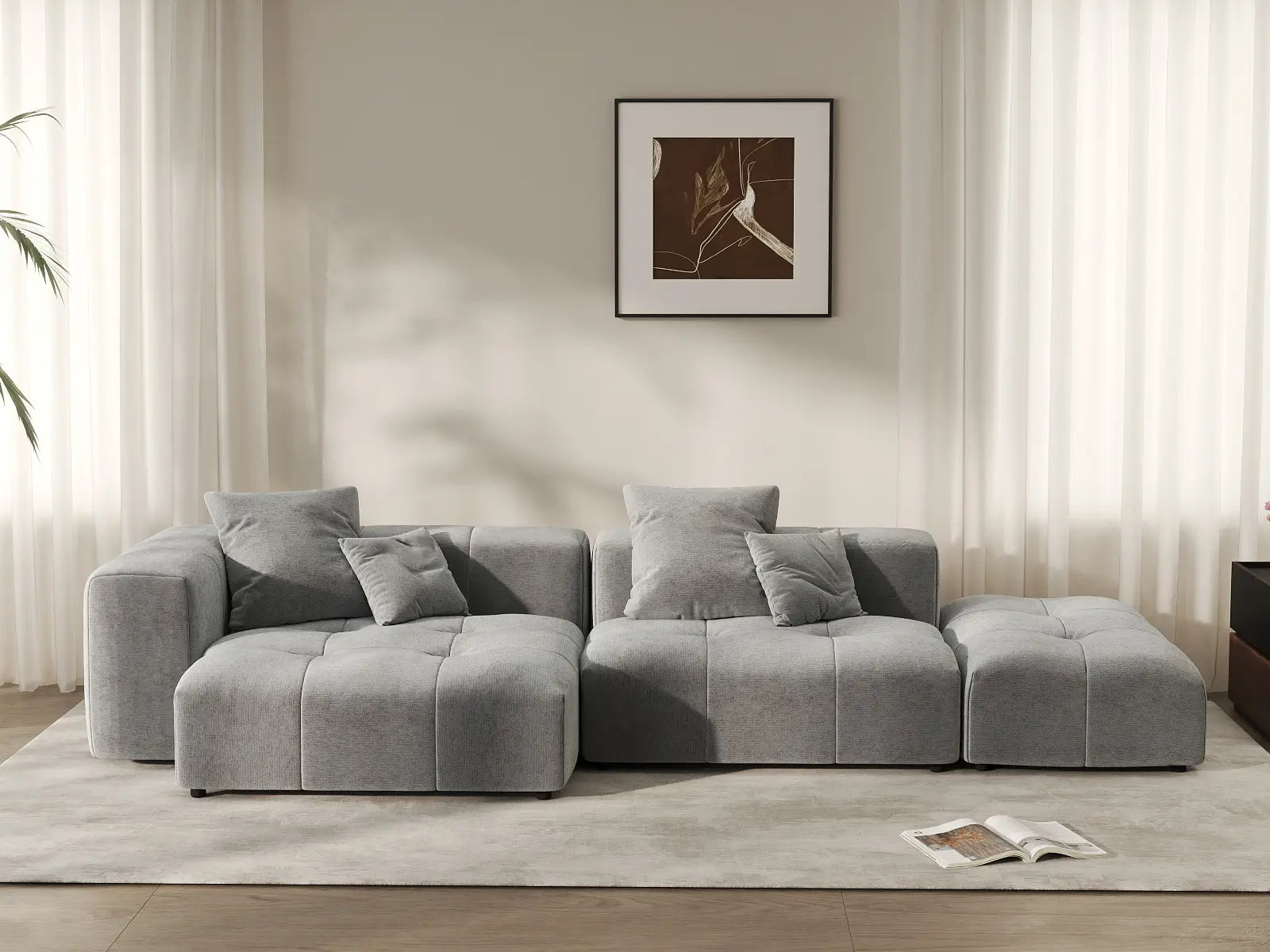Seccional Matrix de 2 plazas con chaise longue gris claro | 3 piezas (incluye 1 otomana), tejido de lino, asientos para sala de estar