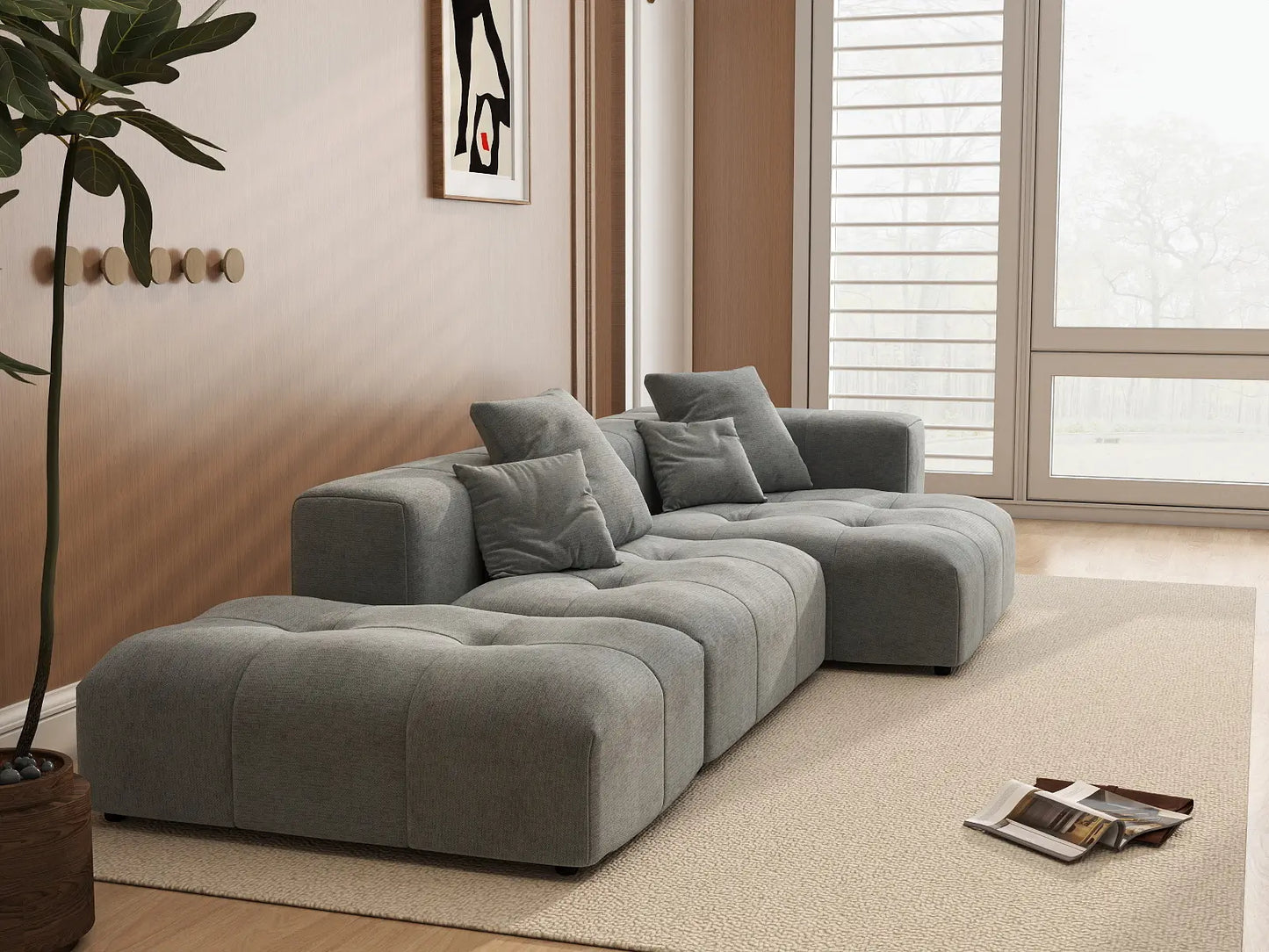 Seccional Matrix de 2 plazas con chaise longue gris claro | 3 piezas (incluye 1 otomana), tejido de lino, asientos para sala de estar