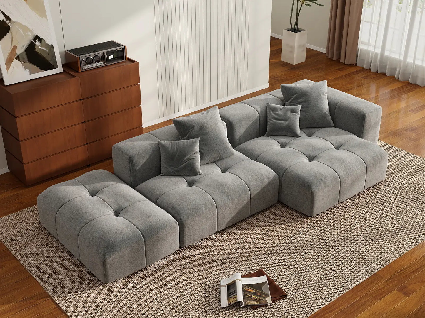 Seccional Matrix de 2 plazas con chaise longue gris claro | 3 piezas (incluye 1 otomana), tejido de lino, asientos para sala de estar